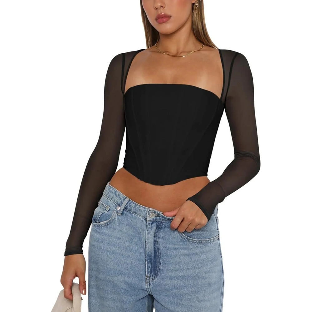 Reoria‎ Corset Bustier Top Mesh Sleeves Boned Bodice Black XXL Party Concerts